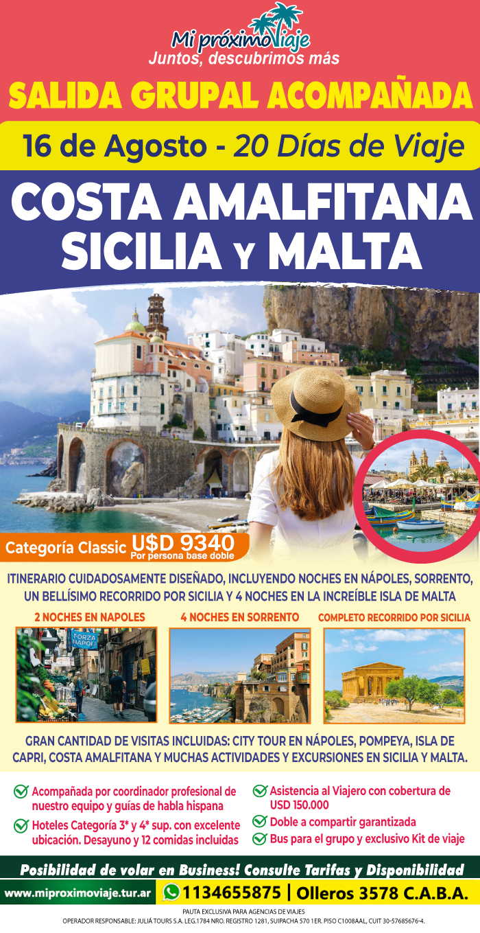 SALIDA GRUPAL COSTA AMALFITANA, SICILIA y MALTA - 16 DE AGOSTO !